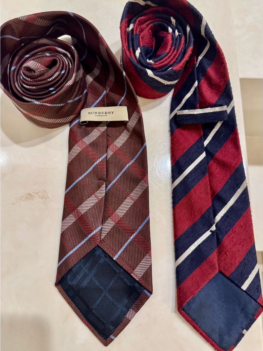 Burberry Brown Plaid Silk Tie w Blue and Cream Accents plus Red White & Navy Tie